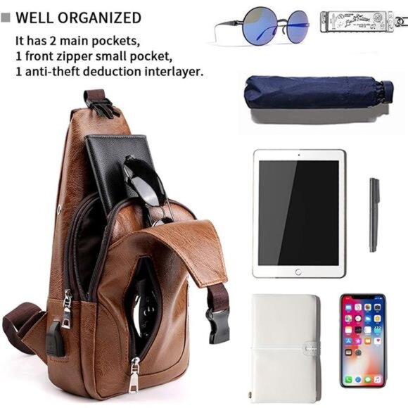 Men Sling Bag Anti Theft Shoulder Bag Small Leather Crossbody Sling Backpack - Picture 6 of 7